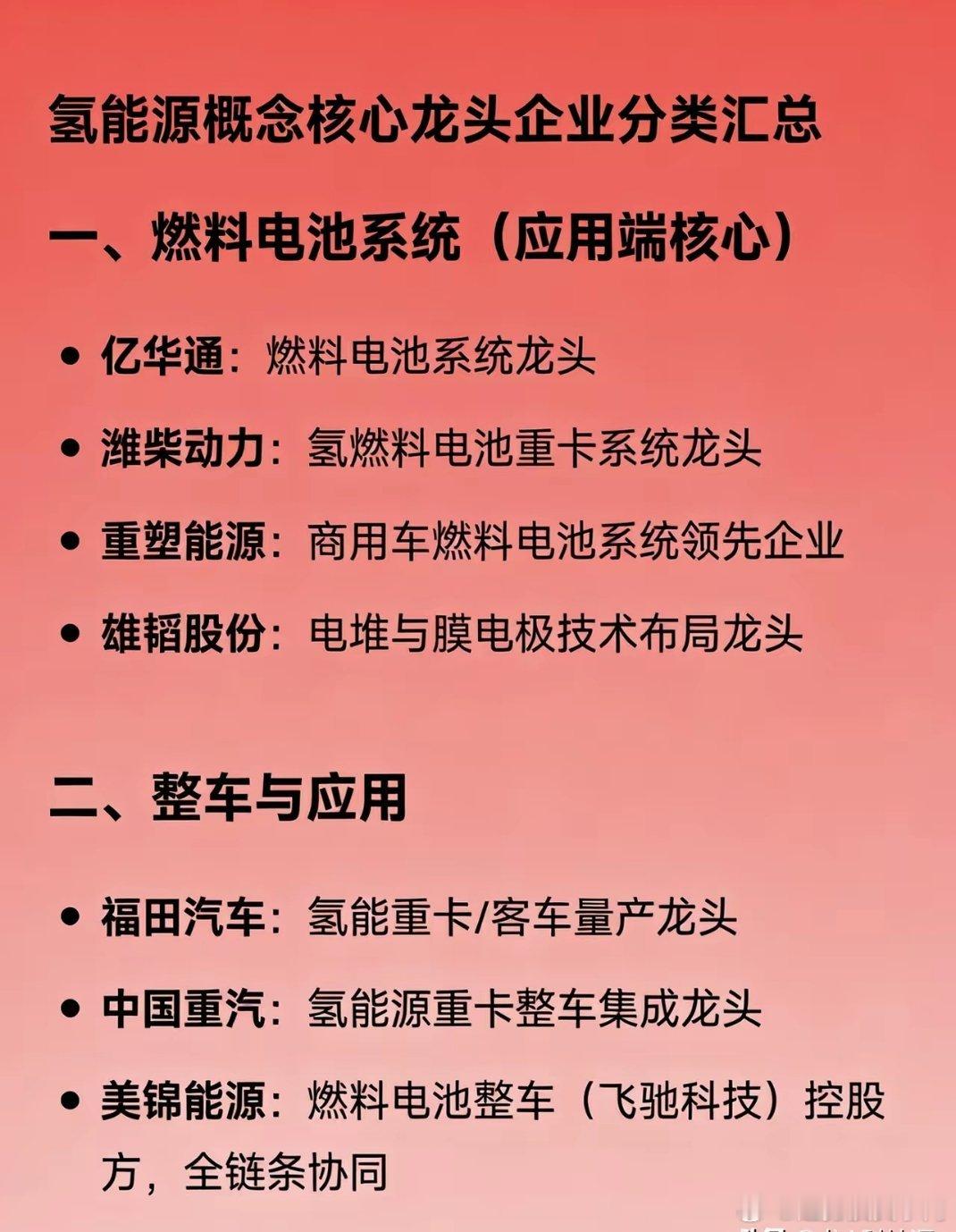 氢能源核心龙头一、燃料电池系统亿华通、潍柴动力、重塑能源、雄韬股份二、整车与应用