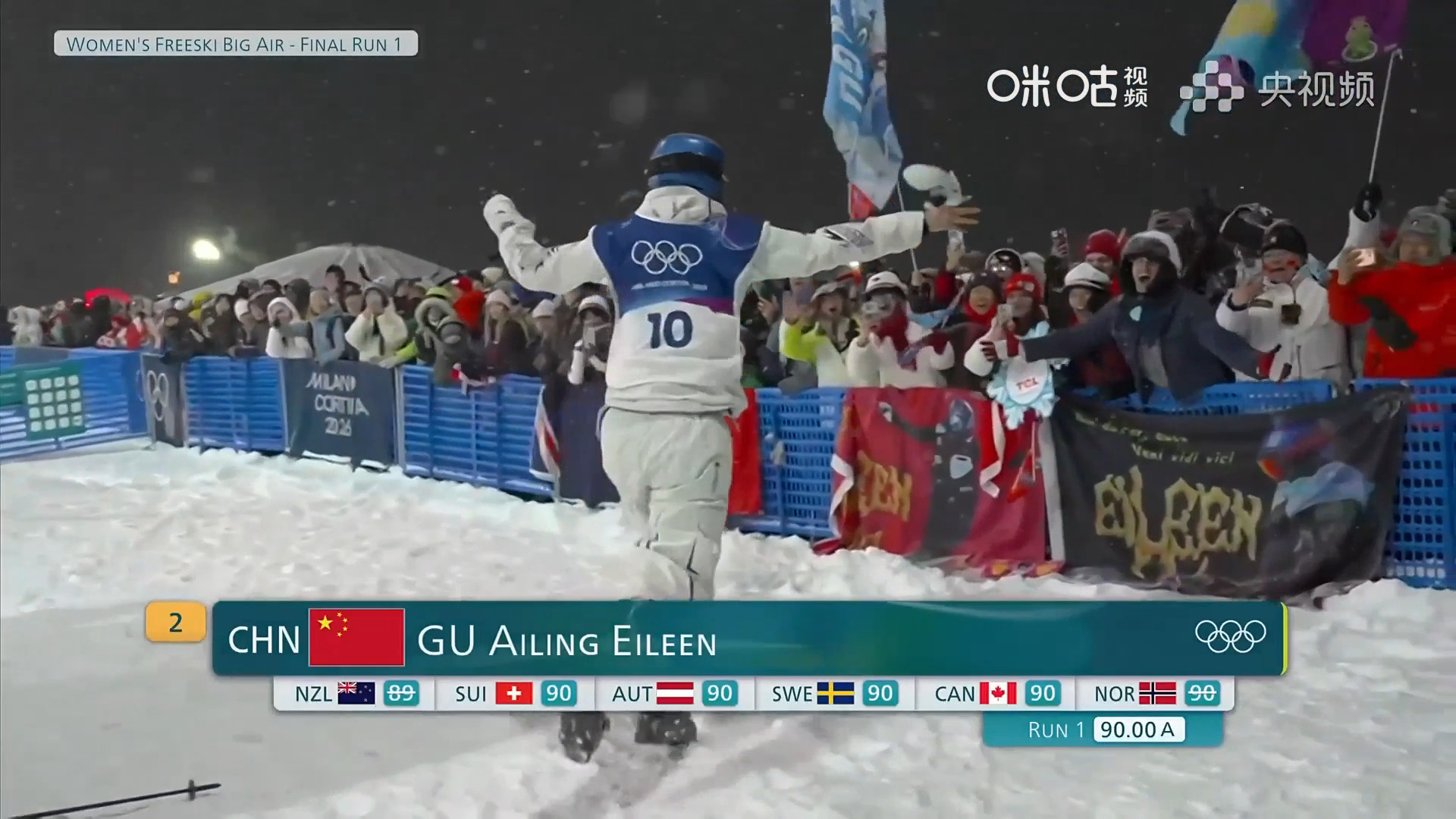 #谷爱凌首跳90.00分#米兰冬奥会自由式滑雪女子大跳台决赛，谷爱凌第一跳得到9