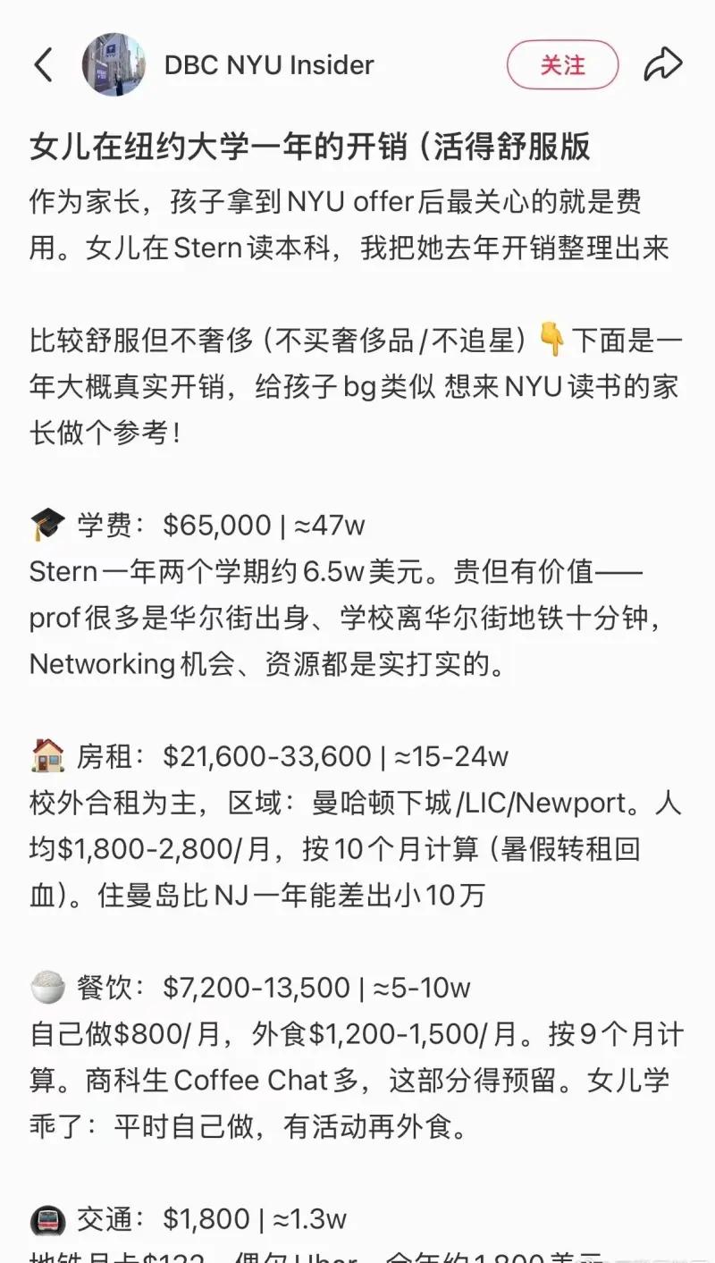 有网友晒出女儿在美国留学一年的花费，看完让人直呼压力不小。从学费、住宿到日常饮食