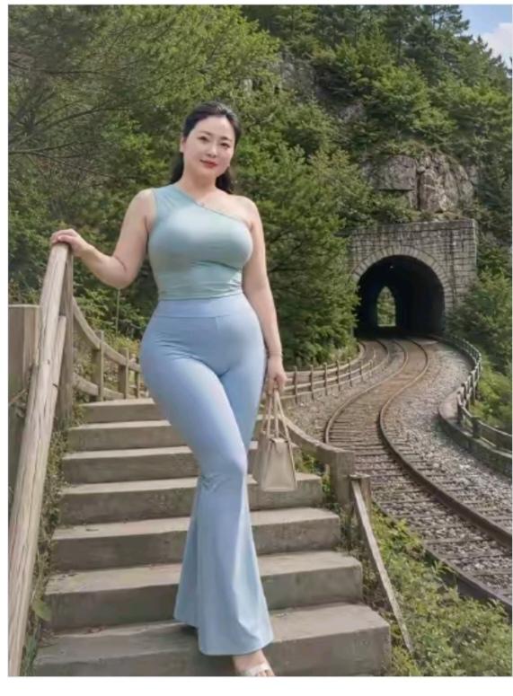 无题美女休闲去爬山；来到风景隧道口；隧道大约两千里；专走火车通行的；至