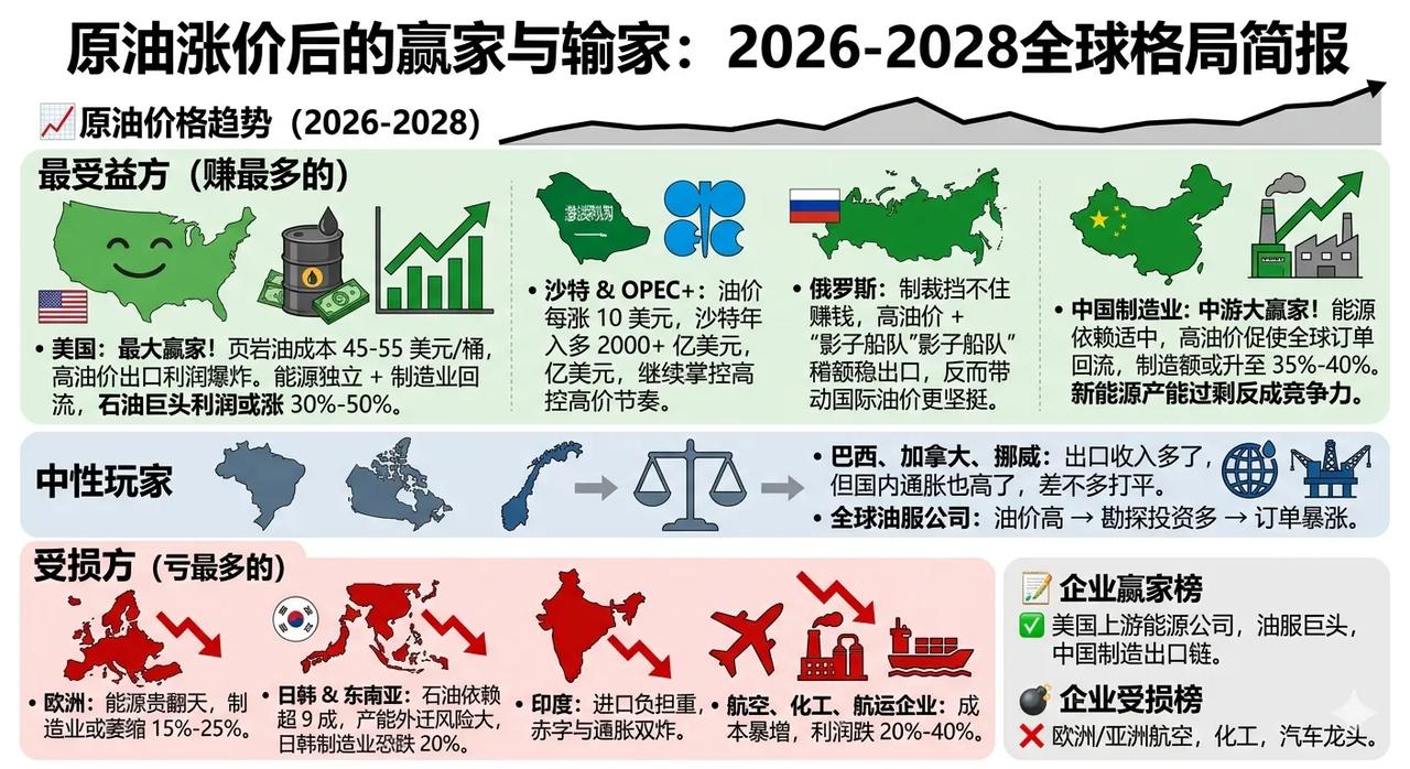 【原油涨价后的赢家与输家：2026-2028全球格局简报】📈最受益方（赚最