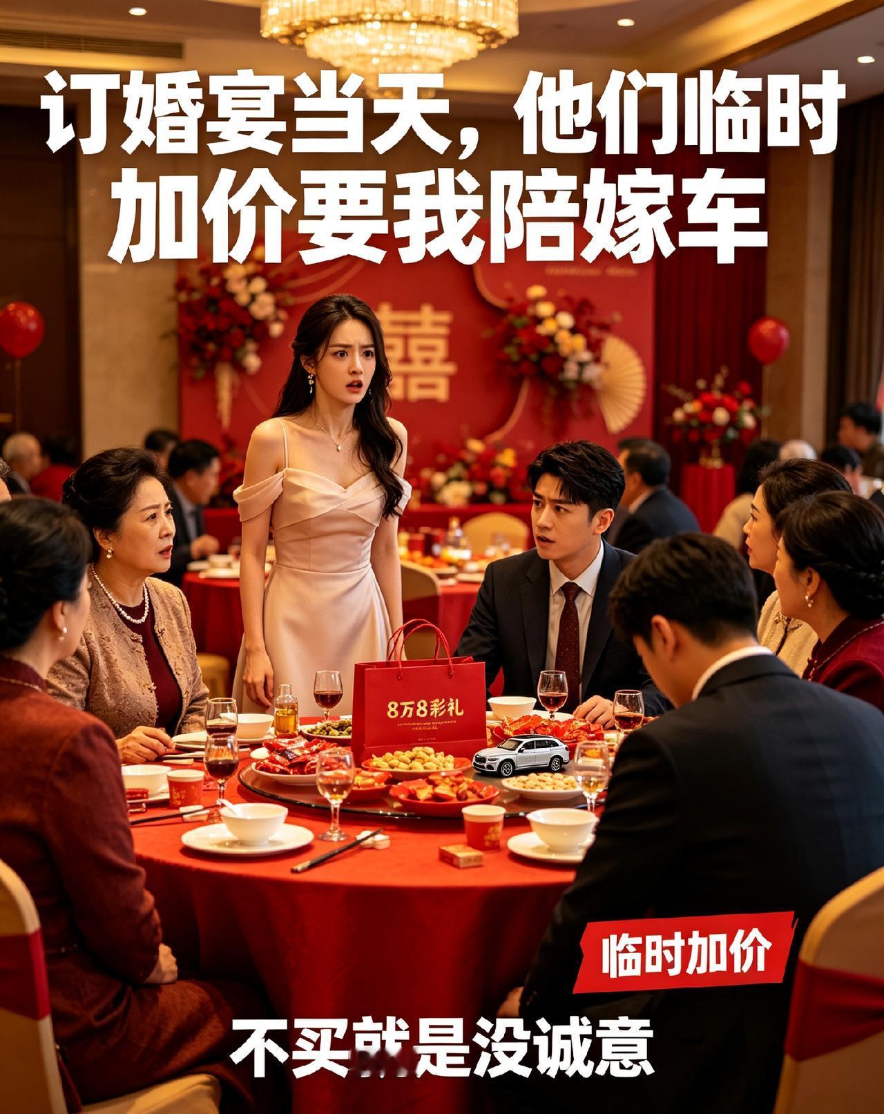 订婚宴当天临时加价！8万8彩礼谈好，上桌突然逼我再陪嫁车：不然就是没诚意真