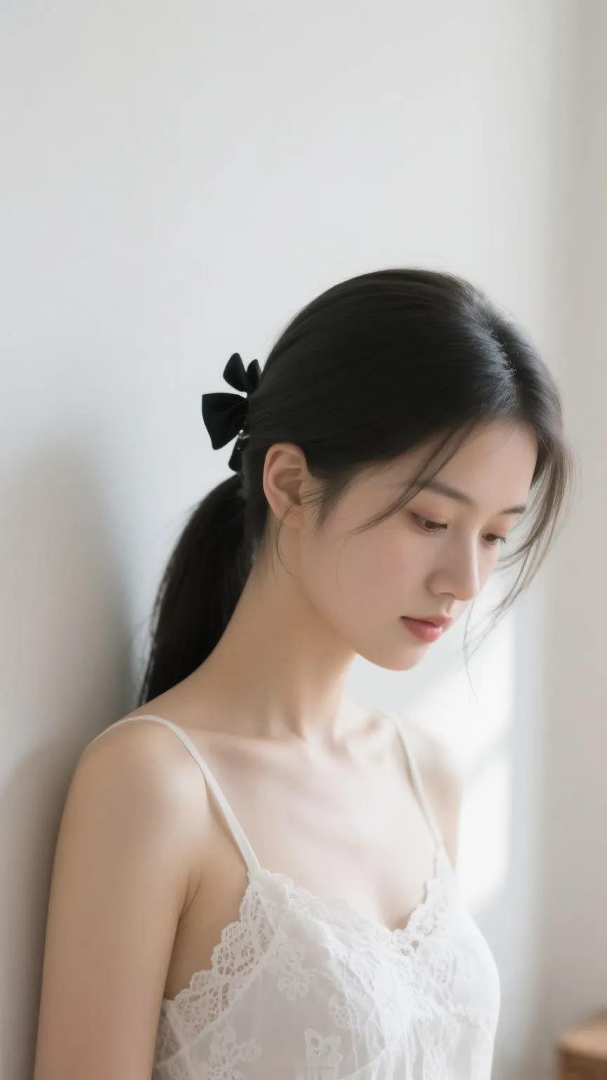 温柔的侧颜，黑发与白裙的完美搭配，简约而优雅。