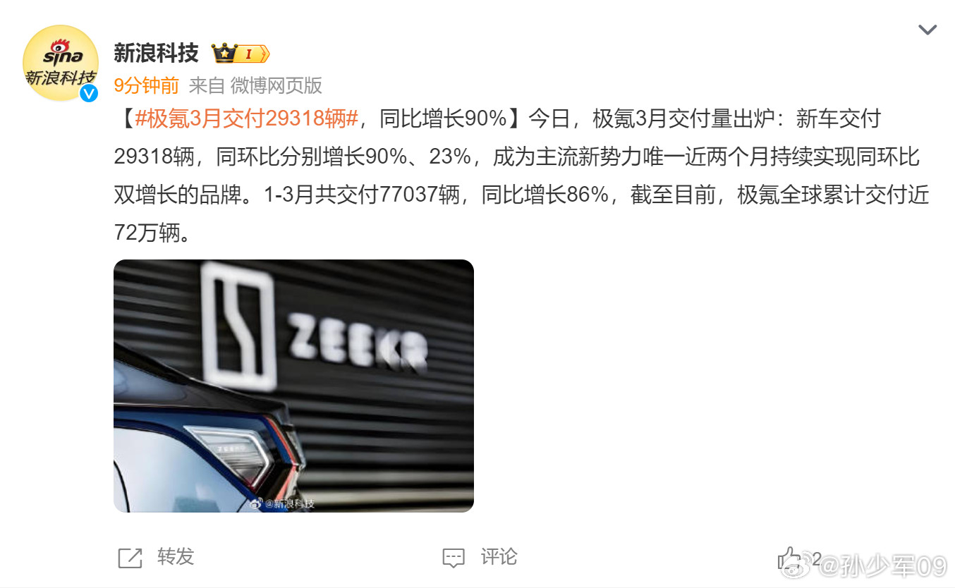 极氪3月交付量出炉:新车交付29318辆，同环比分别增长90%、23%极氪9X的