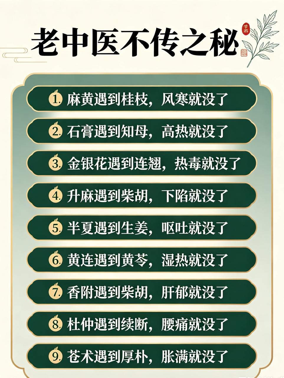 老中医不传之秘：18句中药黄金搭配口诀，建议收藏备用！1.麻黄遇到桂枝，风