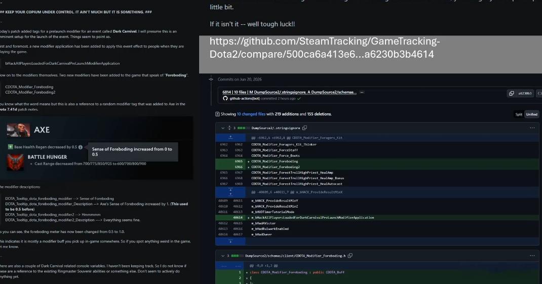 在DOTA2的后台，有水友发现了大量关于暗黑嘉年华的次条，V社的程序员甚至在后台