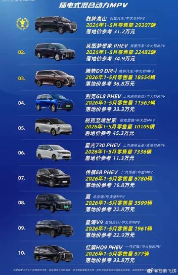 混动MPV冠军车型<br />插混MPV TOP10<br />第十名...