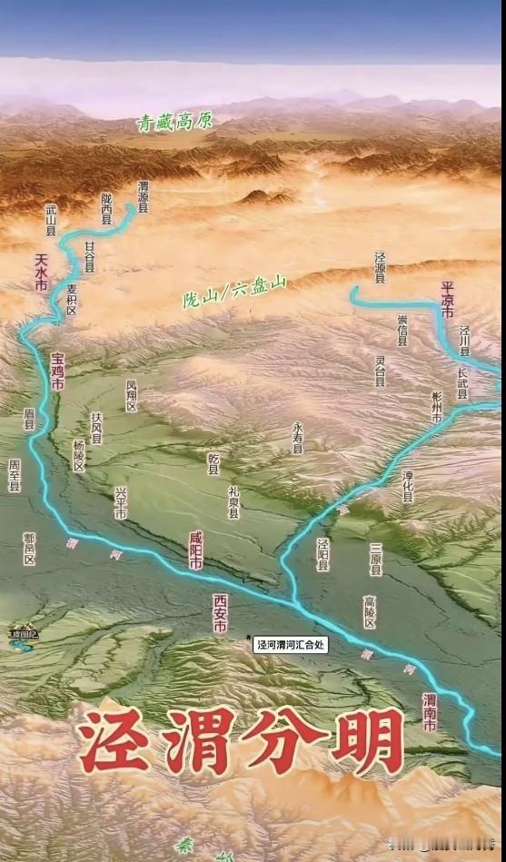 泾渭分明：一幅立体地形图，将关中平原的山河骨架铺展在眼前。渭河自甘肃渭源出发，横