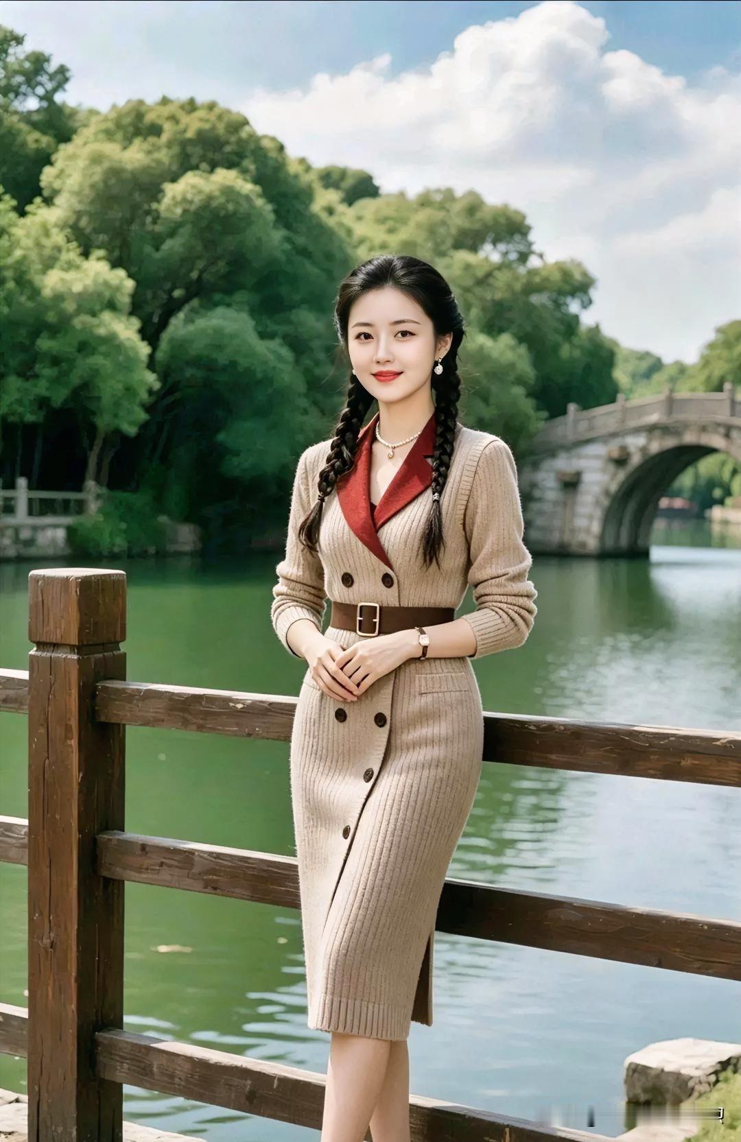 《湖畔佳人》湖水悠悠绕碧洲，佳人独立木栏头。双辫垂肩温婉意，针织褐裙锁清