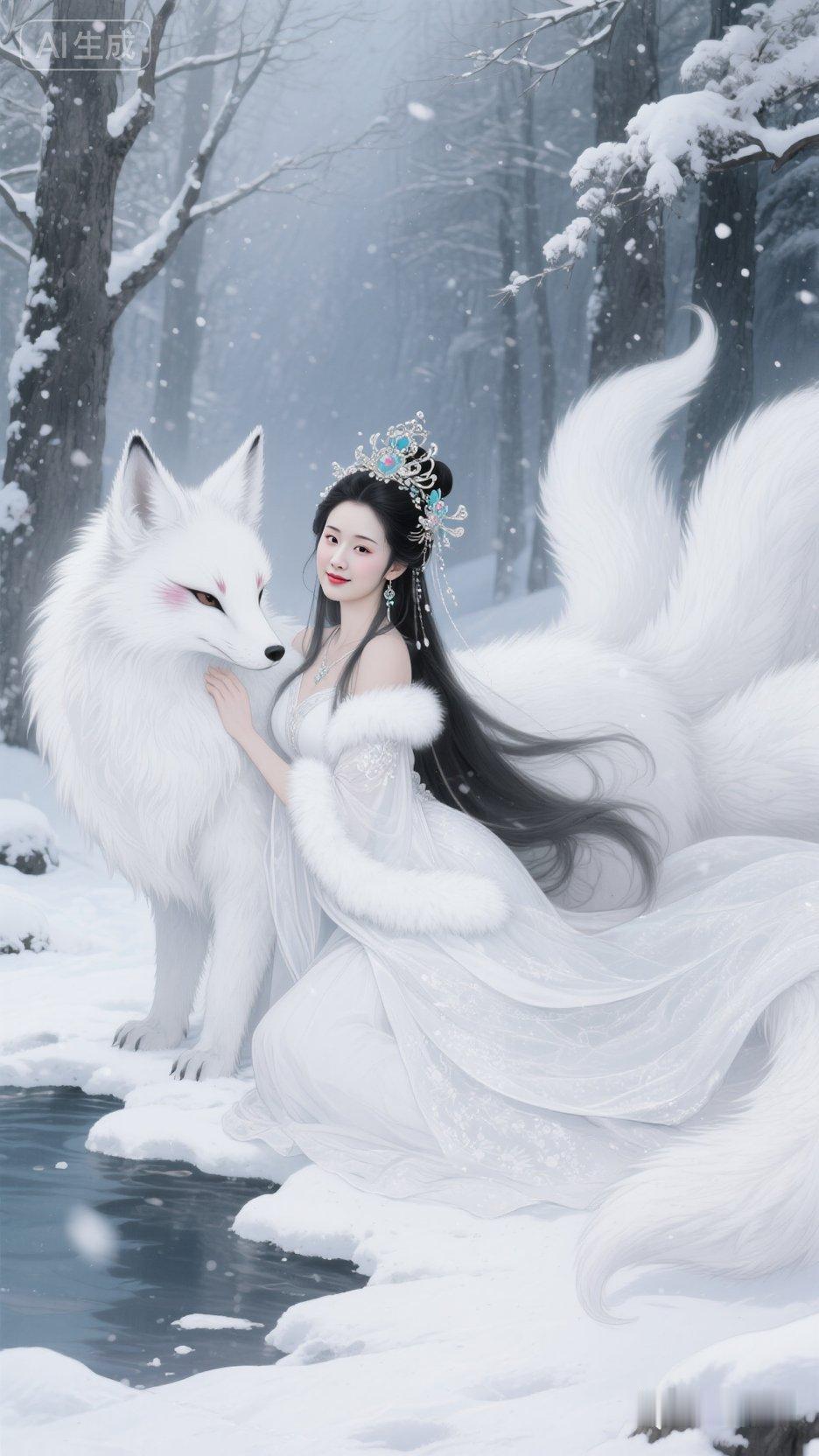 狐仙幻境，肤白貌美，长发飘飘，头饰华丽，白色毛毛长裙，狐狸妆，姿势魅惑，仙气飘飘