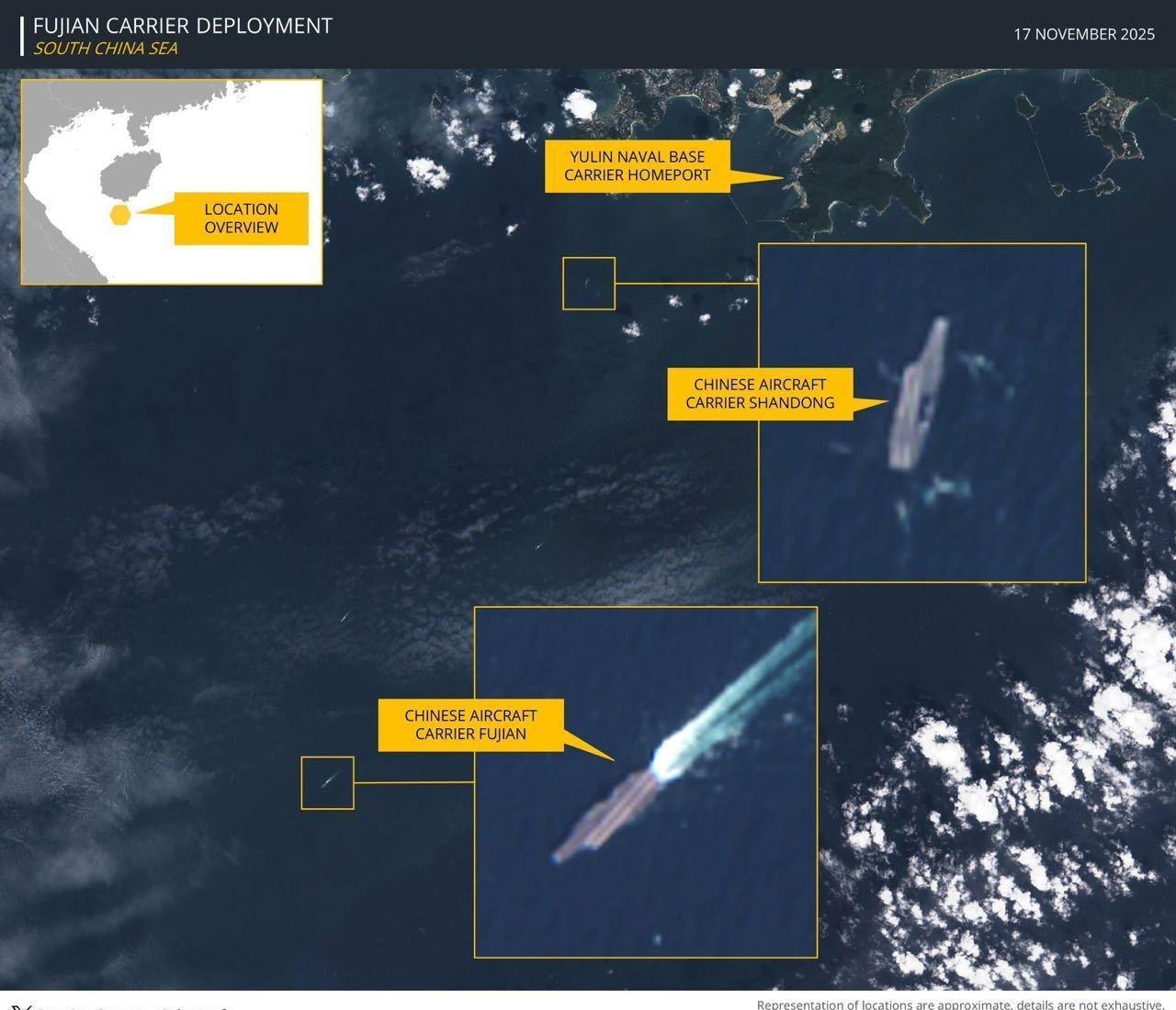 福建舰入列后首次出海训练——外媒发布的卫星图像显示，11月17号，入列后的福建舰