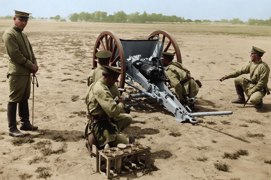 1910年“庚戌校阅”中，北洋新军第二镇陆路炮队的单炮教练，士兵们围绕一门野战炮