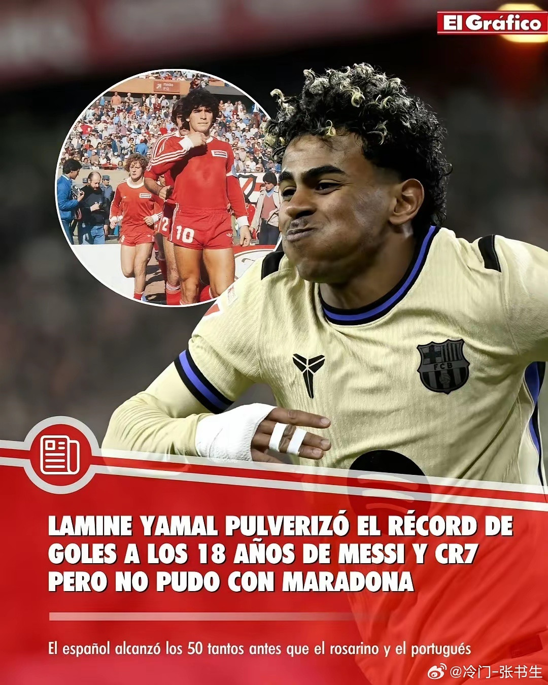 亚马尔打破梅西、C罗的50球纪录，却未超越马拉多纳。这位西班牙小将比梅西（罗萨里