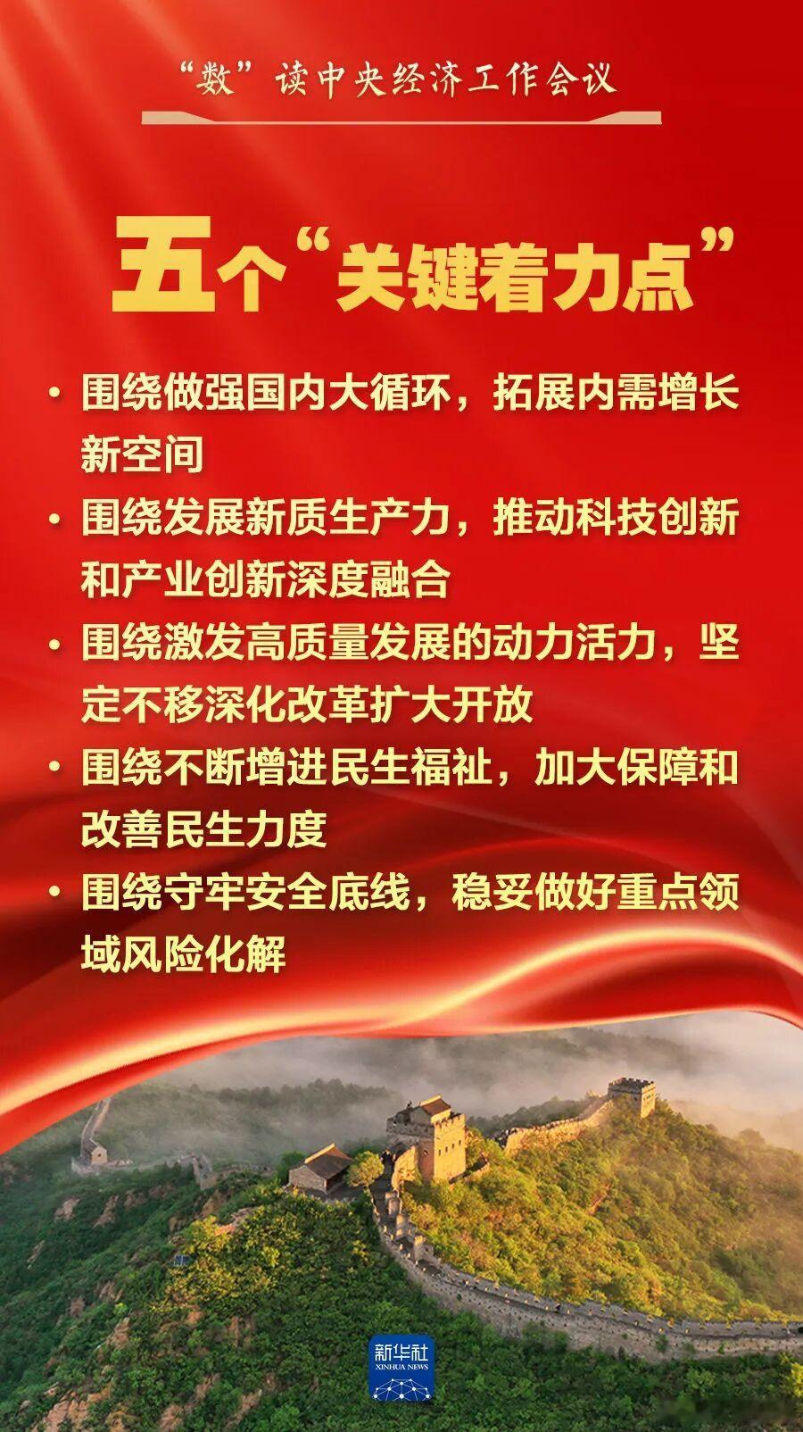 中央经济工作会议的五个“关键着力点”：内需、新质生产力、高质量发展、民生、安全。