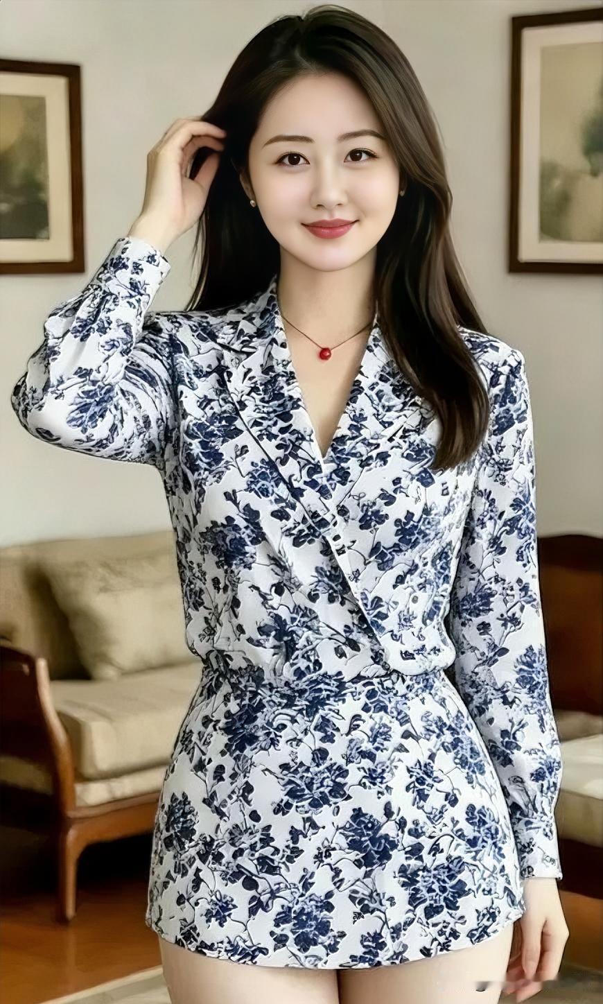 蓝白碎花西装裙勾勒曼妙身姿，室内光影柔和，红坠点睛，温婉知性尽显优雅格调。