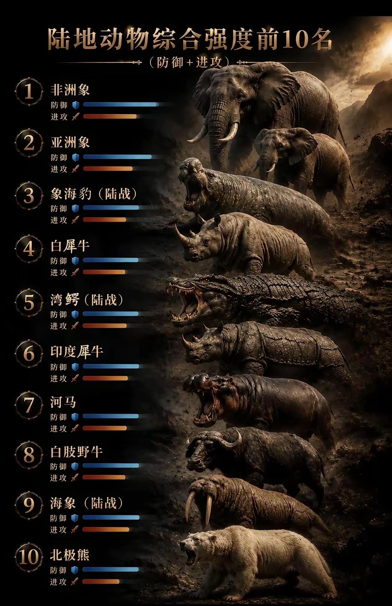 一份综合攻防的陆地动物强度榜单，完整排名整理好了：1.非洲象2.亚洲象