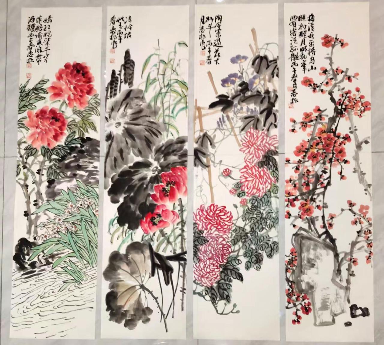 花鸟四条屏。四尺四条屏随手画国画挑战书画欣赏书画艺术