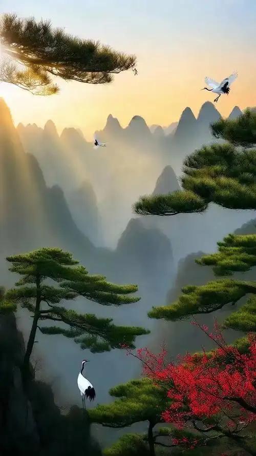 上联:双鹿听溪云绕涧下联:群鹤观松霞映川