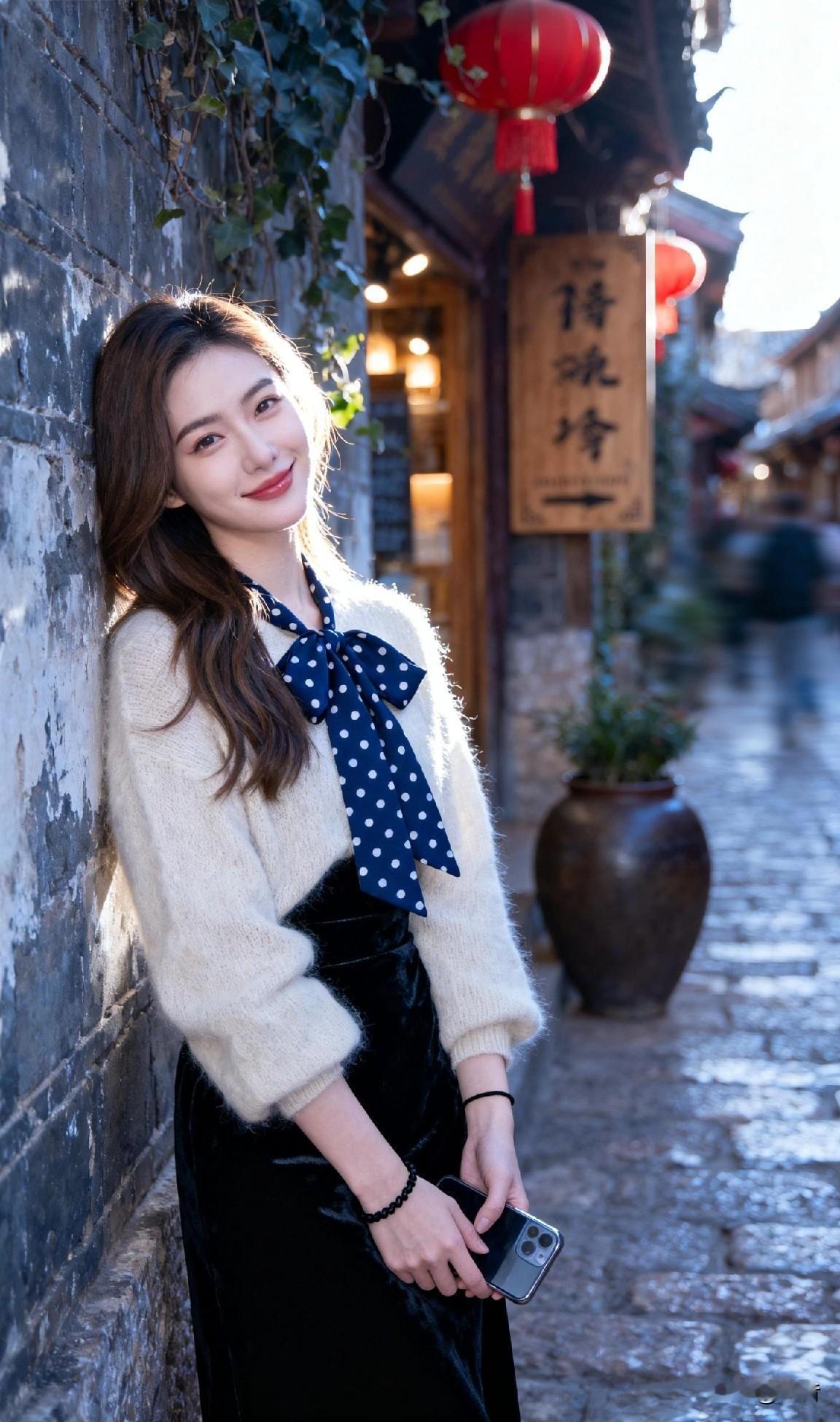 古城巷弄里她倚着藤蔓旧墙笑眼弯弯藏进暖色灯笼里怎样穿搭能显示出温柔的女生气
