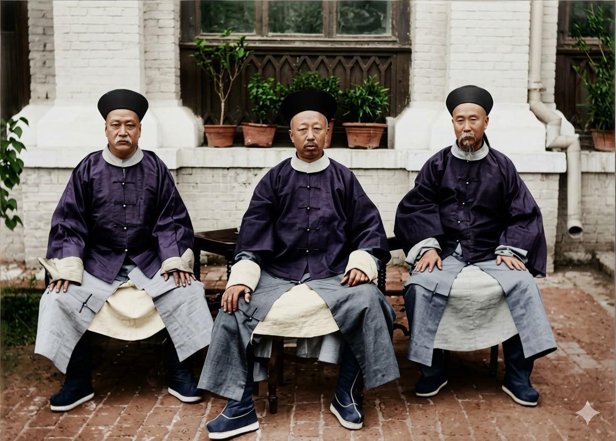 1886年5月，天津海光寺行辕，醇亲王奕譞（中）、李鸿章（右）、善庆（左），三位