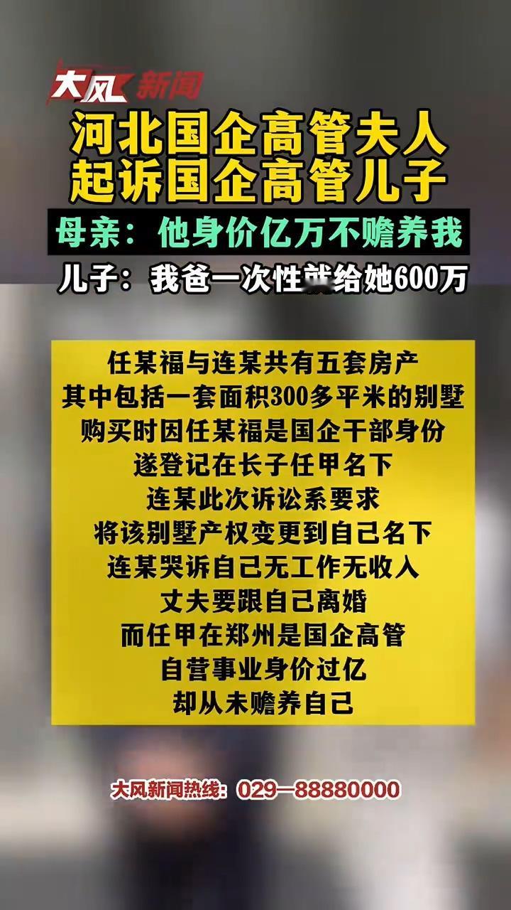 国企高管儿子身价过亿，却不愿意赡养母亲？儿子喊冤：当过国企高管的老爸已一次性给母