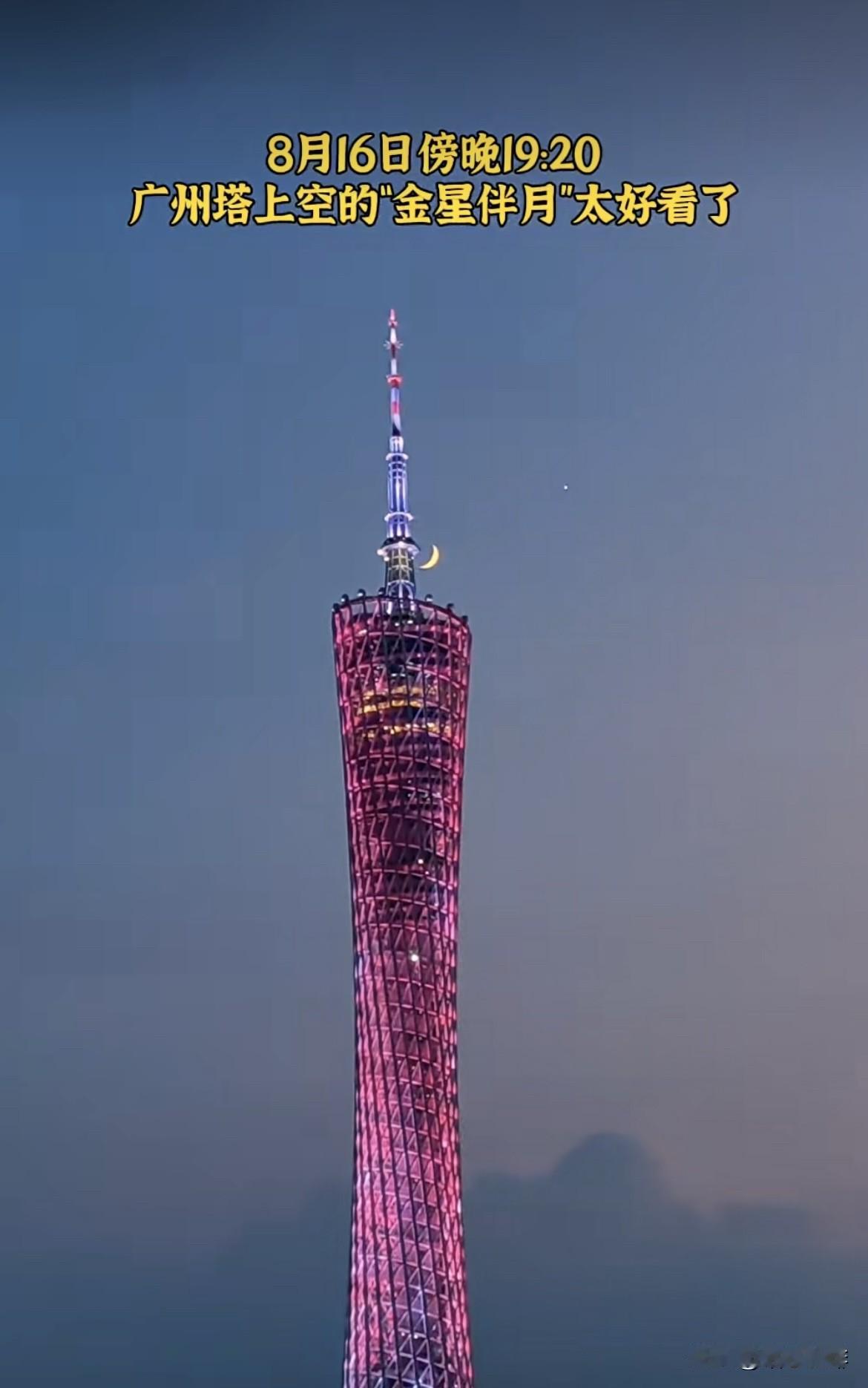 8月16日傍晚广州塔上空的“金星伴月“太好看了‼️
