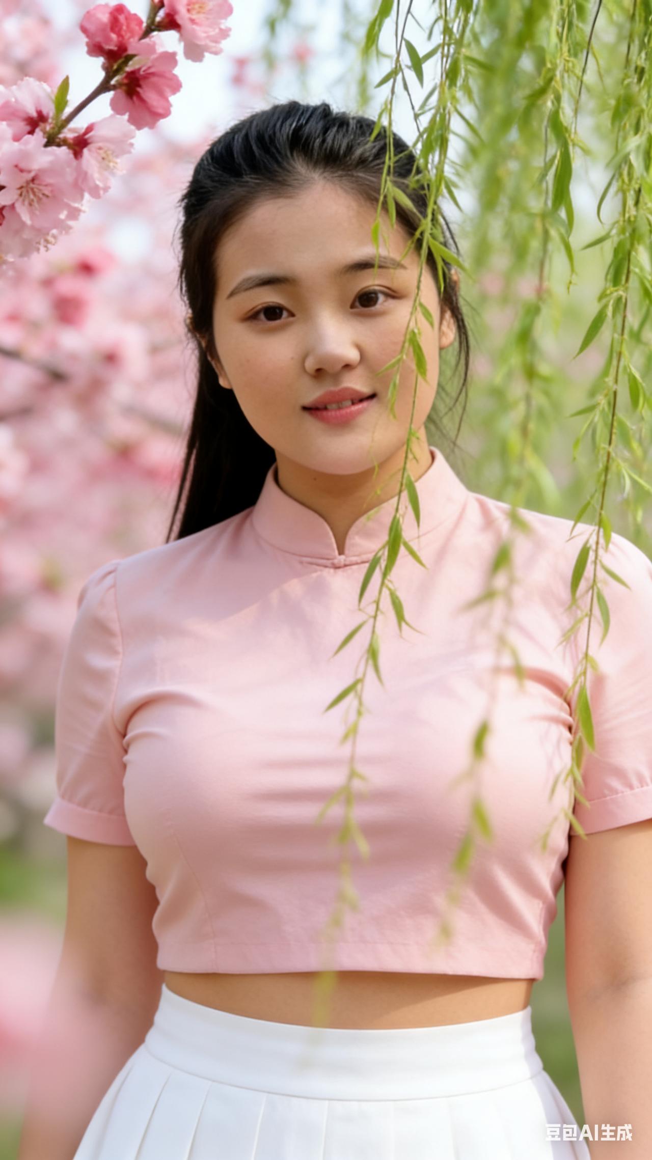 东方秀雅美女。眉含远山黛，目漾秋水波，肤凝脂通透，唇嫩若樱桃。粉蕊浅粉短衣，清雪