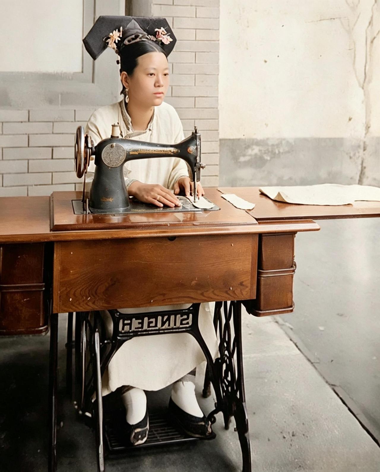 这是百年前，一位旗人女子端坐在一架老式缝纫机前。头顶两把头梳得端正，发髻上簪着几