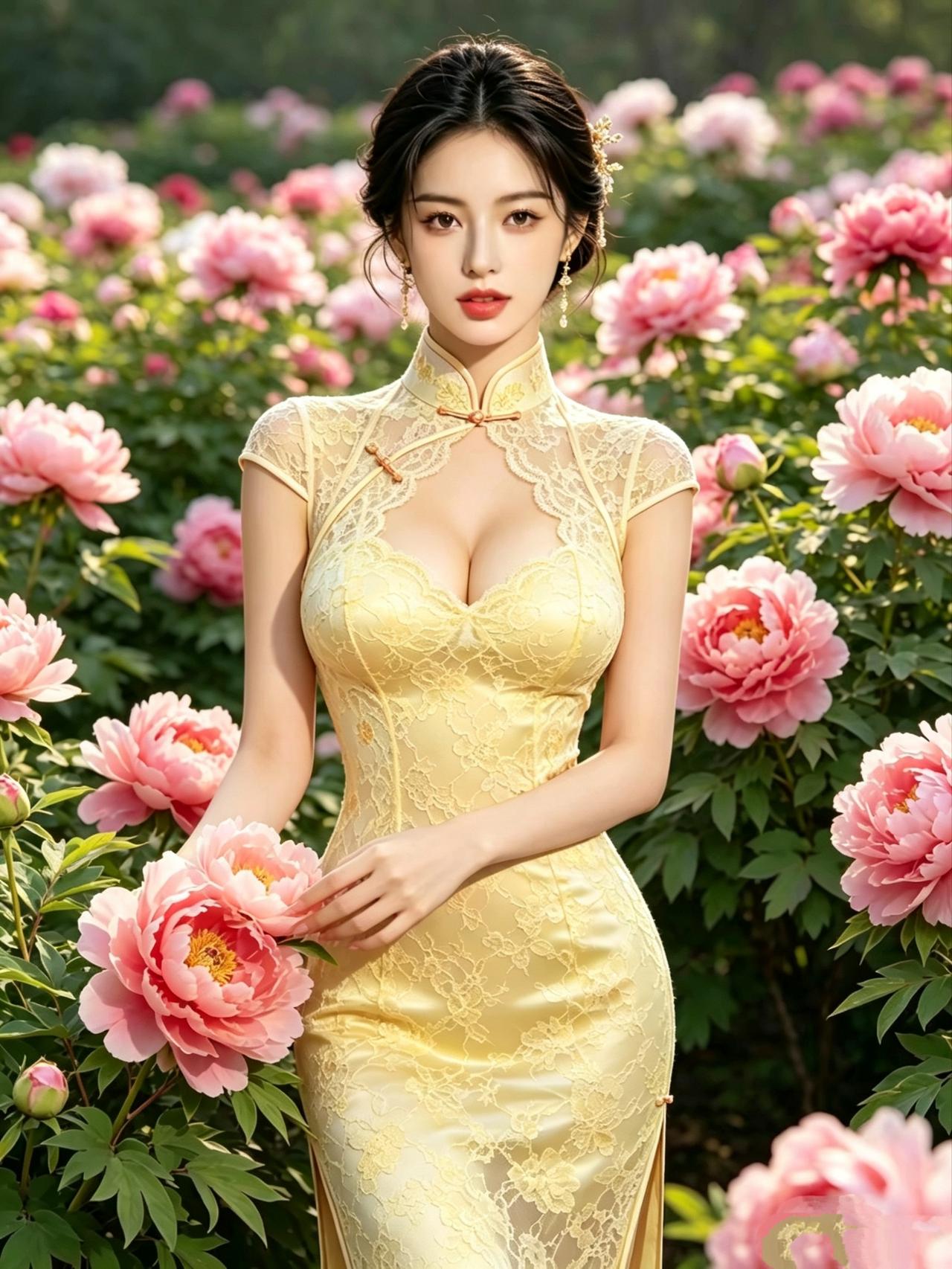 《黄衫旗袍牡丹吟》金缕旗袍映艳妆，芳丛静立压春光。千枝粉蕊凝霞色，一袭柔