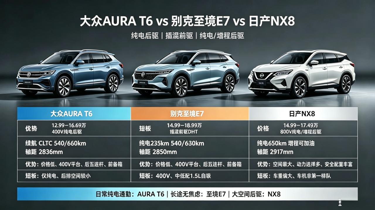 大众ID.AURAT6｜别克至境E7｜日产NX8横向对比大众AURA