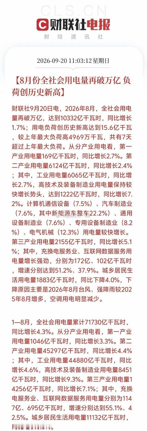 电力板块下周一估计要疯狂了！就在刚刚！财联社传来重磅喜讯！8月份全社会用电量再破