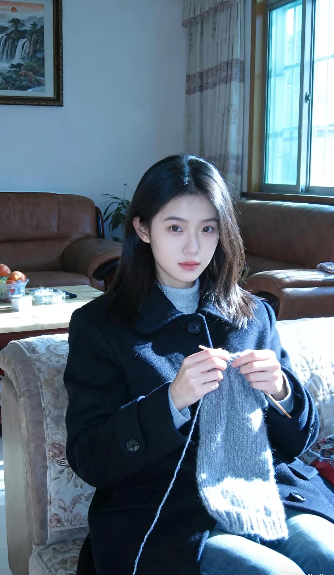 冬日暖阳下，手织毛衣的温馨时光街拍高清美女