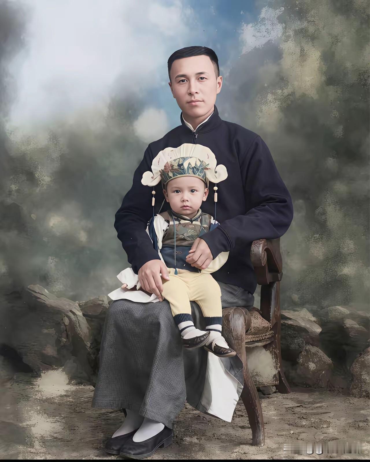1912年杭州，钱学森周岁纪念照。幼年钱学森与父亲钱均夫同框，老式衣帽质朴别致，