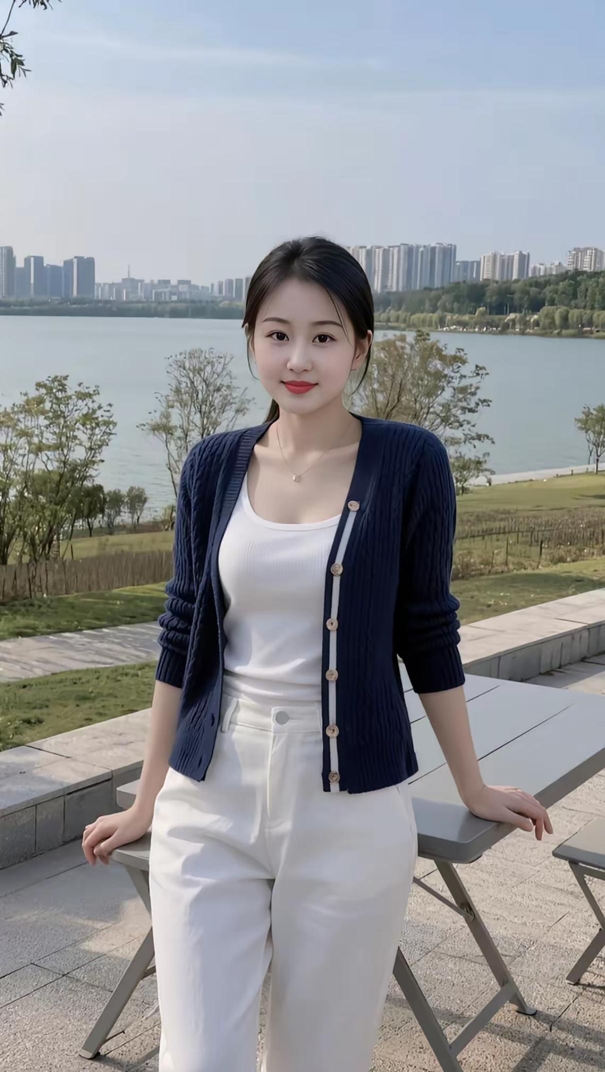 🌊湖畔松弛感穿搭，把温柔穿身上藏青针织开衫配一身白，这就是秋日湖畔独有的松