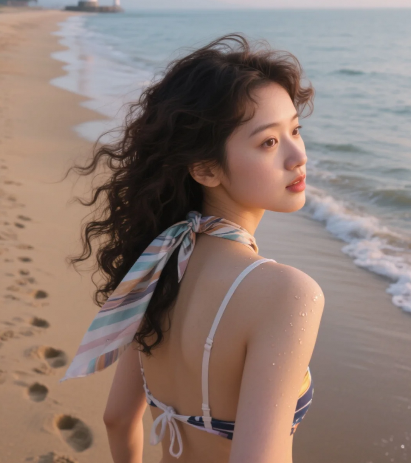 沙滩留下脚印诗行，美女与潮水的默契博弈