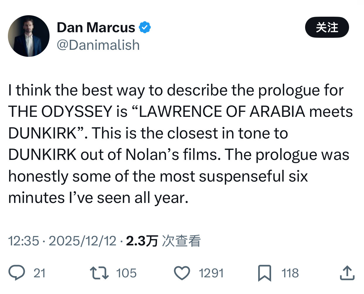 TNABO《奥德赛》六分钟开场院线贴片反馈：普遍提及是《阿拉伯的劳伦斯》、《敦