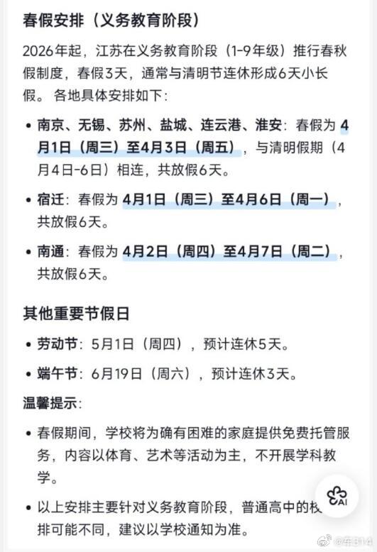 成都、南京、苏州这些城市的中小学，已经官宣春假时间了，4月1日到3日跟清明节相连