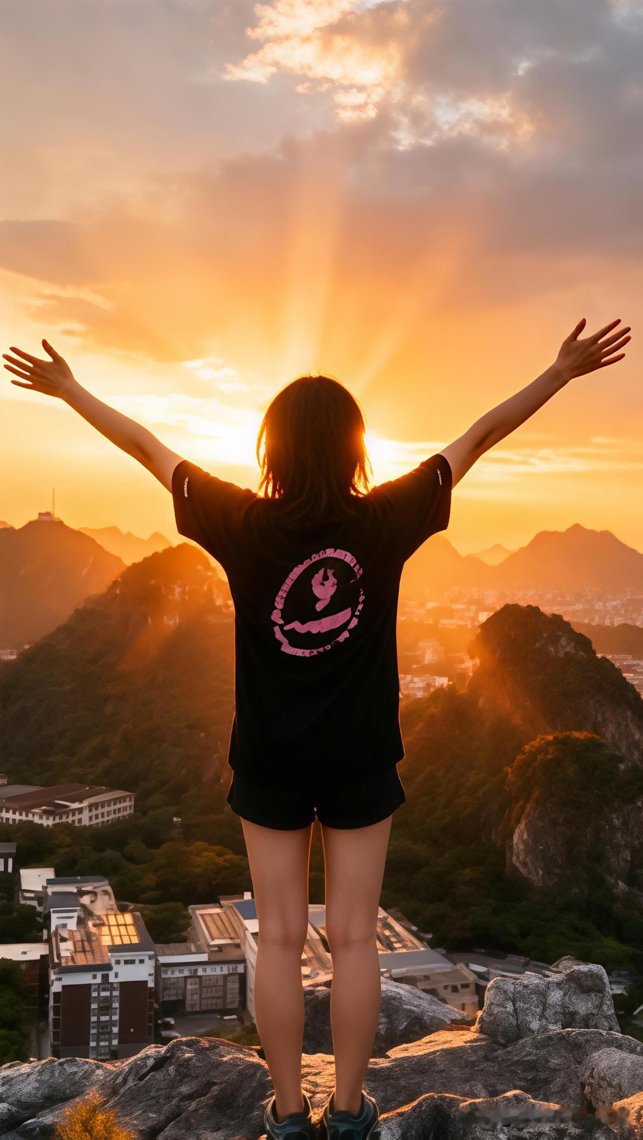 【桂林斗鸡山日落】她一脚踢碎夕阳，网友：这姿势是练过的？夕阳西下，桂林斗鸡山