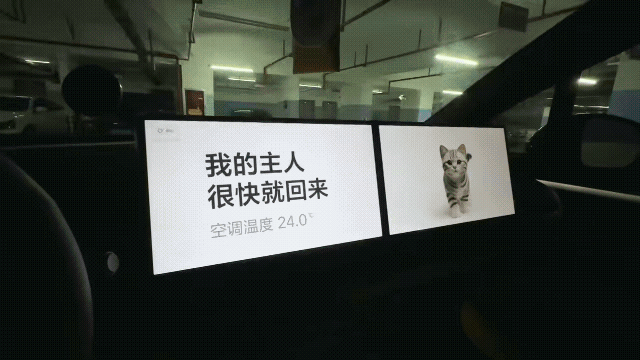 理想OTA8.2的宠物模式界面是这样的，小猫还会在屏幕里走来走去，还挺可爱。理想