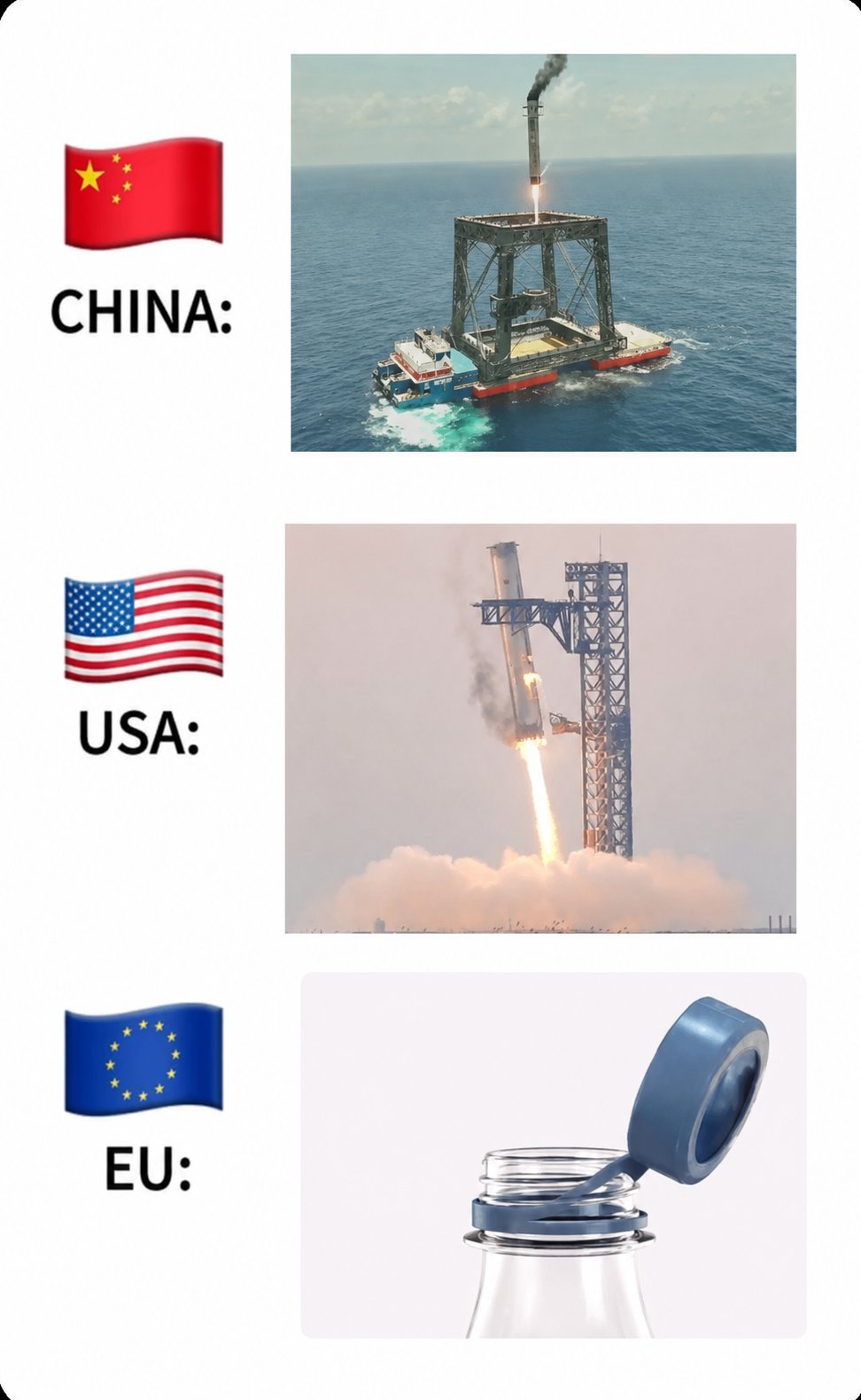 中国用网接住火箭美国用筷子接住它欧盟确保你的瓶盖永不离开你