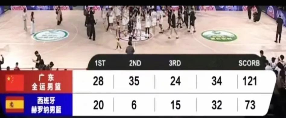 121-73，这是广东全运队跟西班牙赫罗纳二番战的数据。赫教练对杜锋说:无你浪