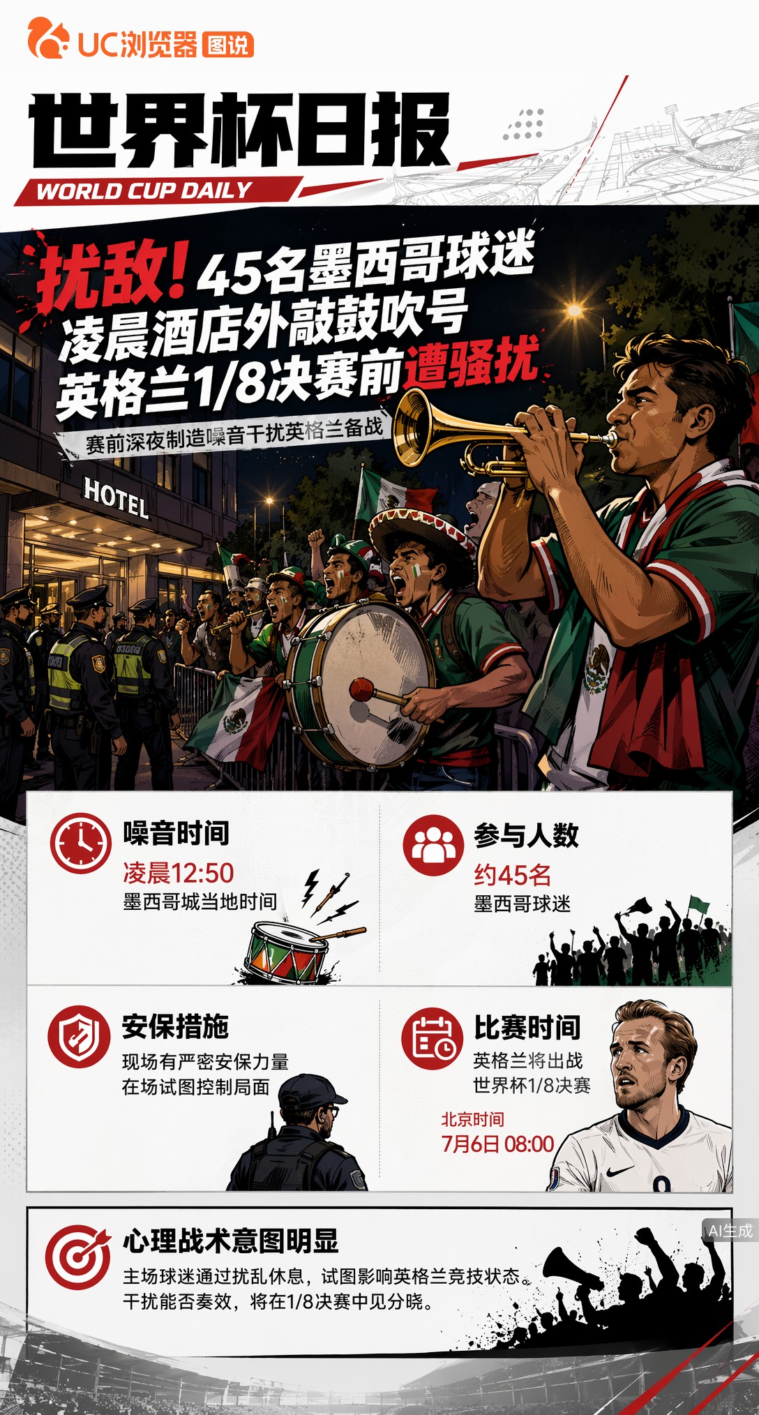 扰敌！45名墨西哥球迷凌晨酒店外敲鼓吹号，英格兰1/8决赛前遭骚扰