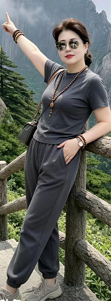 这位女士在山间享受美景。