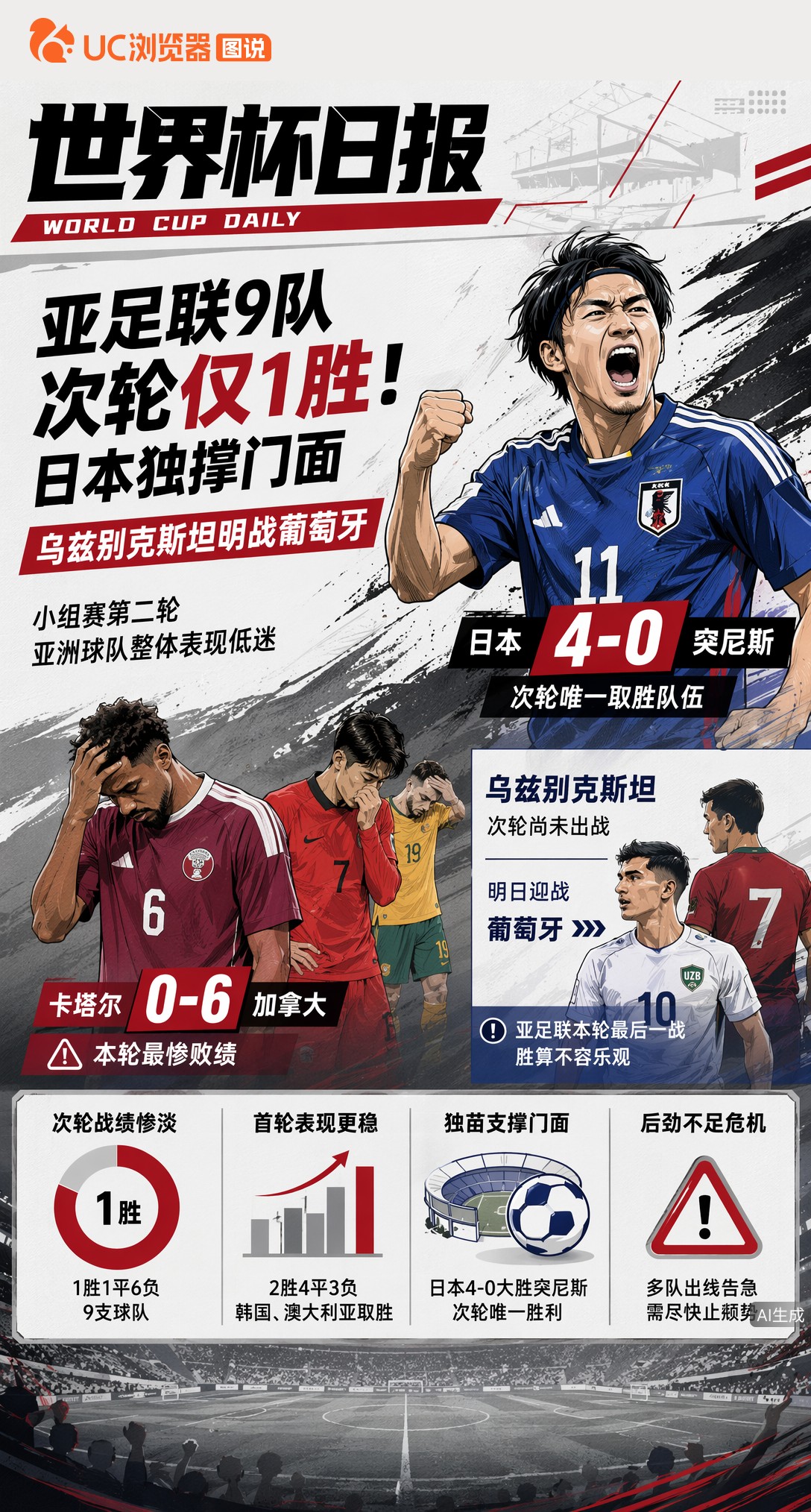 亚足联9队次轮仅1胜！日本独撑门面，乌兹别克斯坦明战葡萄牙