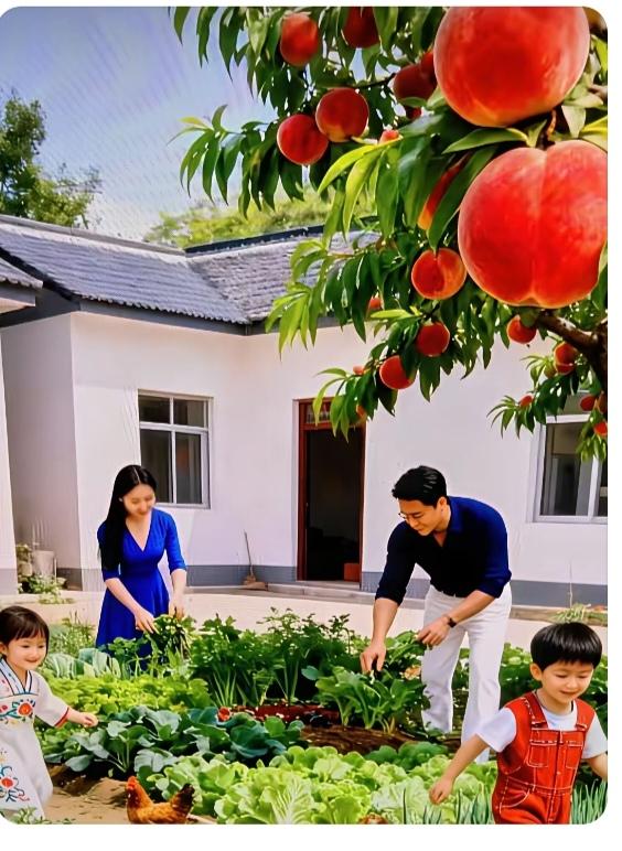 真“幸福”乡下小院就是好；院前蔬菜品种多；大红桃子树上挂；夫妻二人摘菜忙