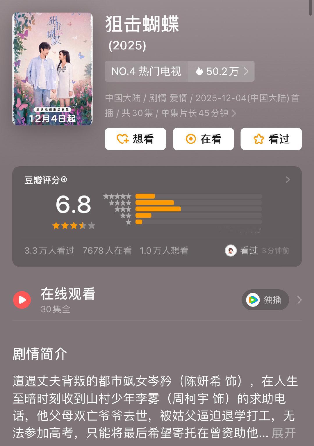 陈妍希周柯宇新剧豆瓣开分6.8狙击蝴蝶豆瓣开分6.8分陈妍希周柯宇新剧豆瓣开分