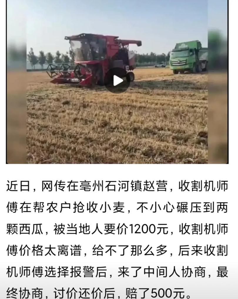 压坏两颗西瓜，索赔1200元，调解过后，也要500元。看到这样的新闻，心情