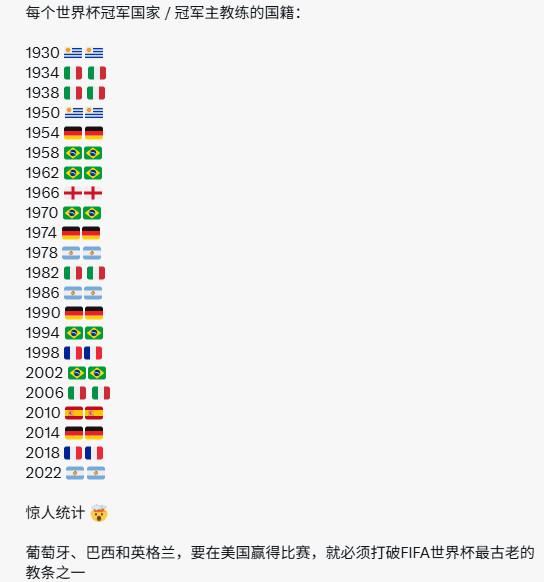 每个世界杯冠军国家/冠军主教练的国籍是一样的！