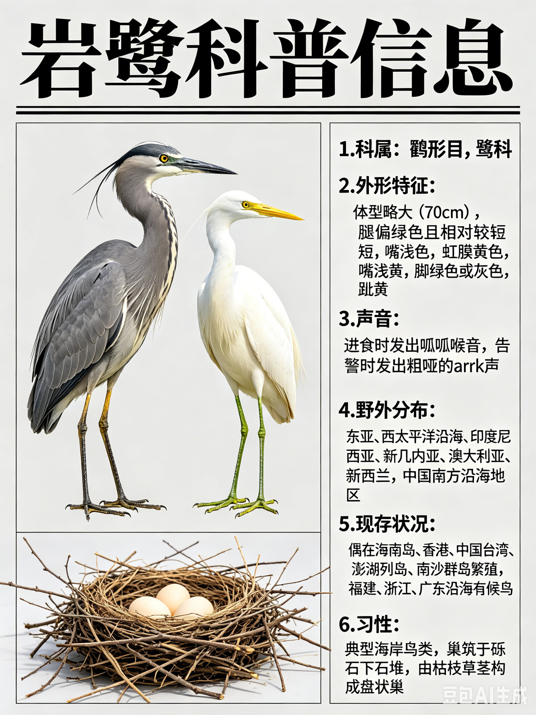 鸟类朋友图鉴岩鹭·科属：鹳形目，鹭科。·外形特征：体型略大（70cm）的白色或