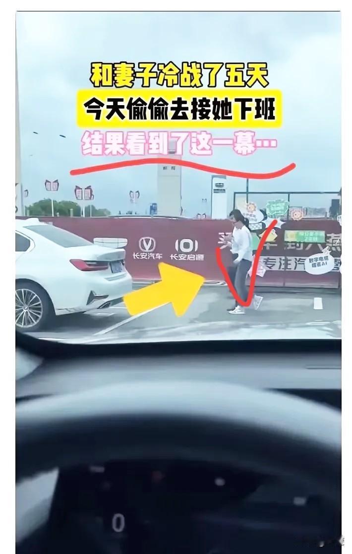 湖南，一对夫妻冷战了五天，丈夫实在扛不住了，偷偷开车去接妻子下班。哪想到，车刚停
